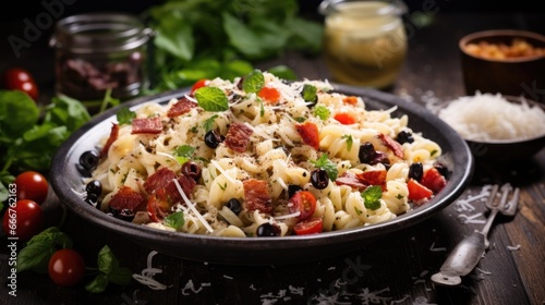 A plate of pasta with tomatoes, black olives and parmesan cheese