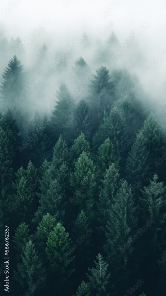 An aerial shot of a dense forest with a white fog An aerial shot of a dense forest with a white fog