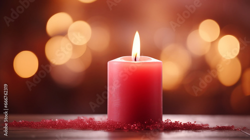 A glowing red candle with a warm candlelight glow