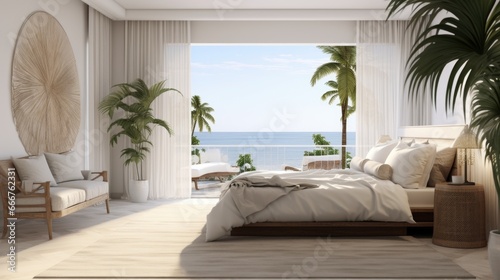 A bedroom with a large bed and a view of the ocean © Maria Starus