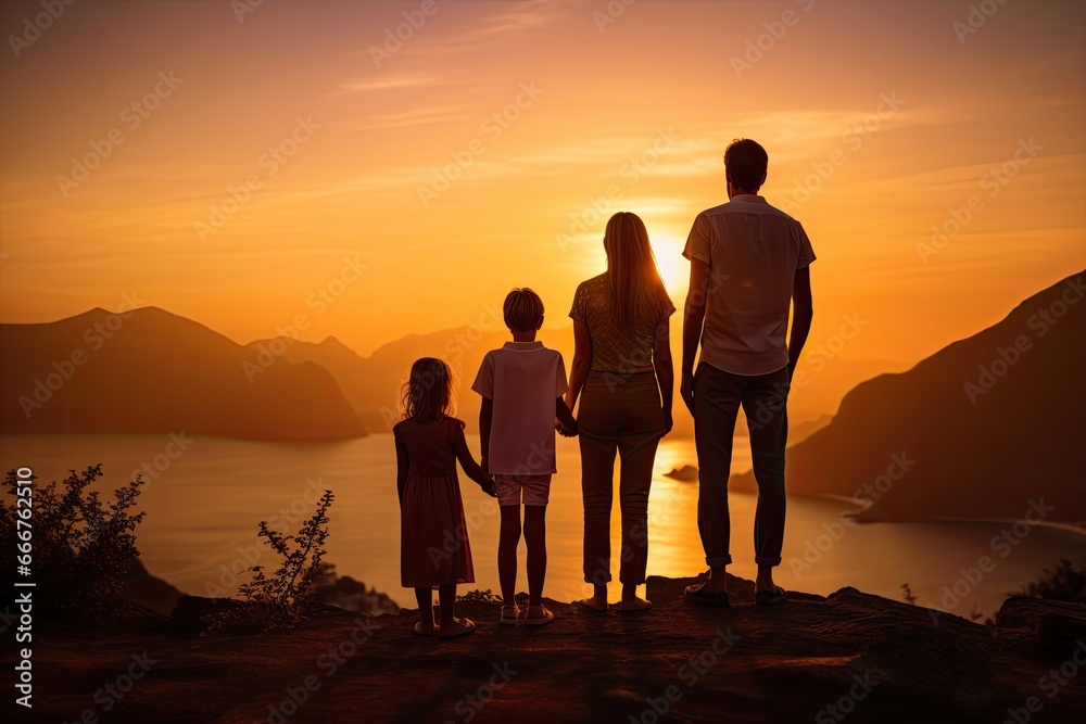 A family strolls on the beach at sunset during a summer vacation, cherishing moments of love and togetherness.