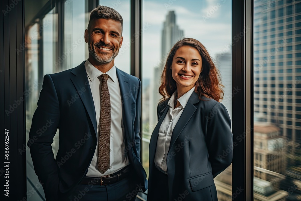 Two confident business professionals, a man and a woman, stand outdoors in the city, embodying teamwork and success. Two confident business professionals, a man and a woman, stand outdoors in the city, embodying teamwork and success.