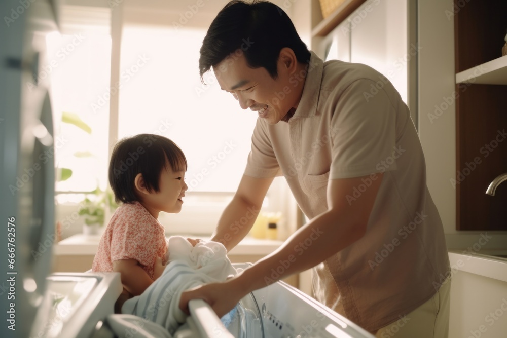 Father and Son Doing Laundry Together to load the washing machine with dirty clothes Father and Son Doing Laundry Together to load the washing machine with dirty clothes