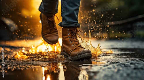 woman in rain boots jumping into a puddle