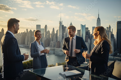 Business colleagues on a rooftop meeting, discussing teamwork and success over a glass of wine, fostering togetherness. photo