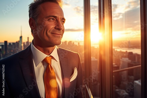 A confident and successful businessman in a suit, standing in a modern office setting, radiating professionalism and leadership.