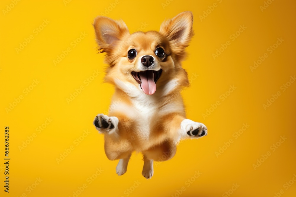 chucky dog jumping up on a yellow background