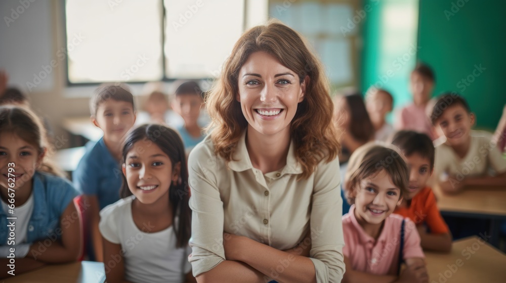 A Joyous Scene: Smiling Children and Teacher in a Classroom A Joyous Scene: Smiling Children and Teacher in a Classroom