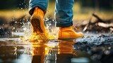 woman in rain boots jumping into a puddle