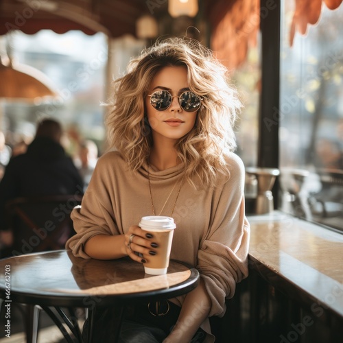 girl in sunglasses sitting at an outdoor cafe with coffe