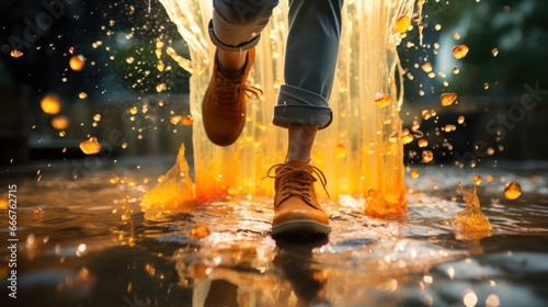 woman in rain boots jumping into a puddle