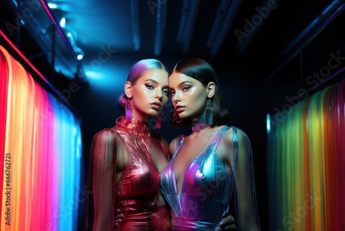 Two beautiful women in evening dresses posing in the dark room with neon lights. Fashion Concept. Background with a copy space.