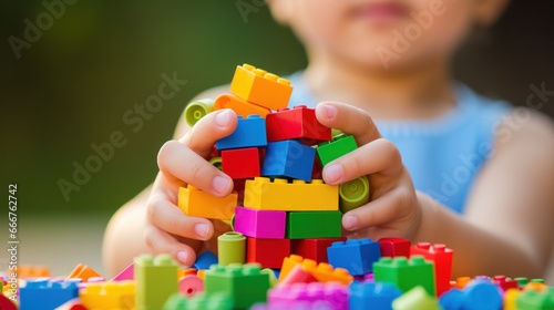 a young child's hands playing with of colorful building blocks