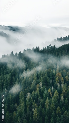 A high angle shot of a forest with a white fog covering