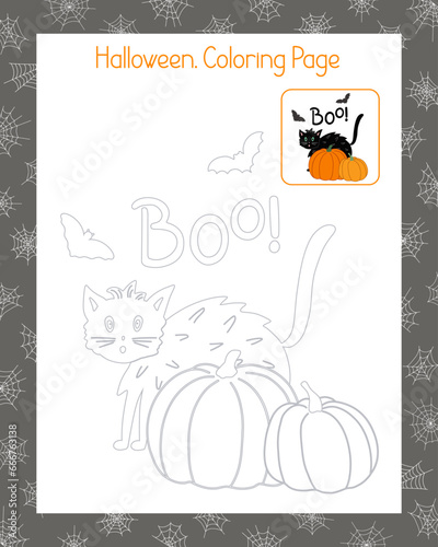 Halloween holiday scene of cute cat, bat, pumpkins, boo traditional word outline coloring page with sample image vector illustration, autumn holiday leisure or educational activity, worksheet