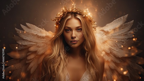 Close-up of a young girl wearing a floral wreath of roses and wings behind her back. The concept of purity and innocence. Photo shoot option. Illustration for cover, card, postcard, interior design.