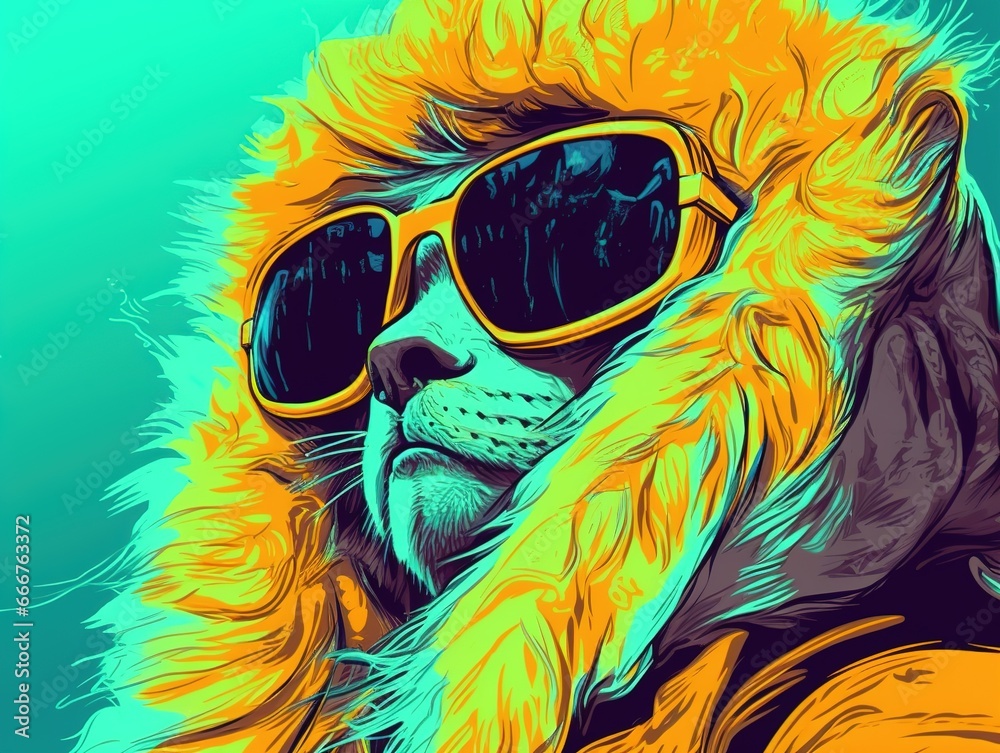 Close-up portrait of a cat in sunglasses and jacket. Futuristic illustration of a fashionable animal in neon colors. Digital art for cover, card, postcard, interior design, decor or print.