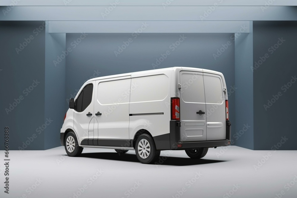 Rear view of white van on empty background for mockup. Generative AI