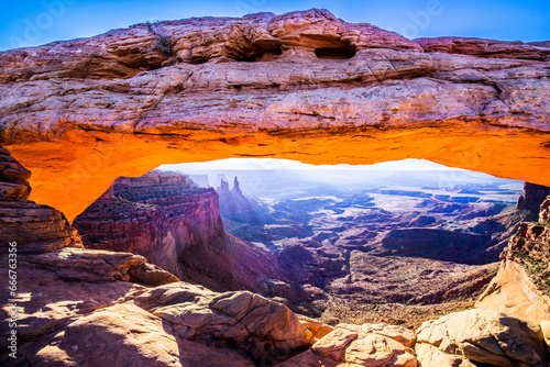Mesa Arch Sunrise,.view to canyon and washerwoman Arch,Island in the Sky District.Canyonlands National Park, Utah, USA