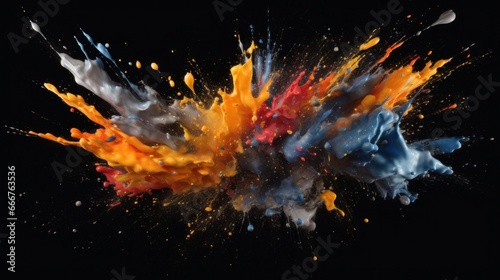 Dynamic and overlapping paint splashes on a black background. AI generated © PandaStockArt