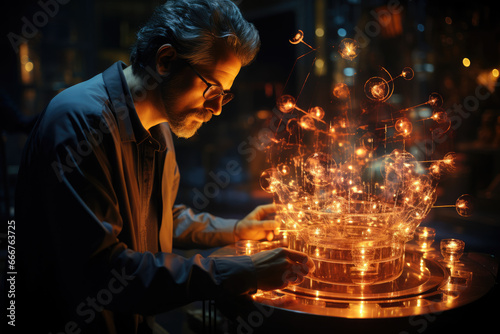 A scientist conducting quantum experiments, exploring the potential links between quantum physics and human consciousness. Generative Ai.