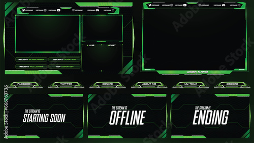 Twitch stream overlay package including facecam overlay, offline, starting soon, twitch panels	
