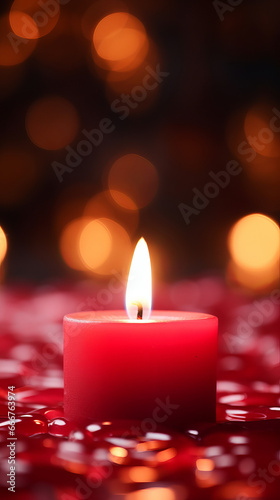 A glowing candle on a vibrant red cloth with a blurred background of sparkling lights