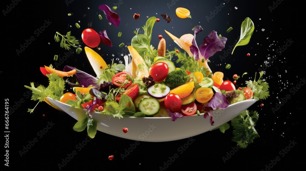  a bowl of mixed vegetables being tossed into the air with a black background.  generative ai