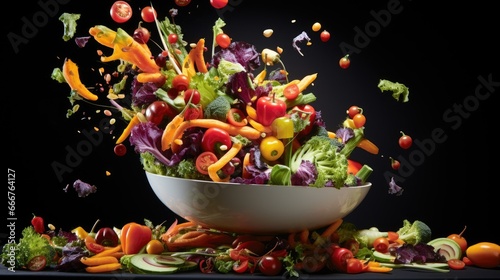  a bowl of mixed vegetables falling into the air on a black background. generative ai