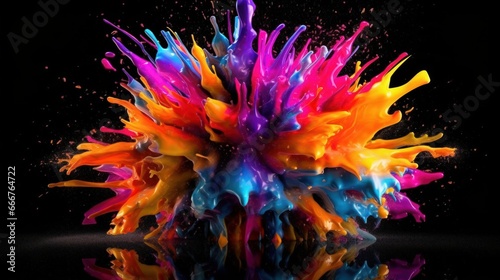 Neon color explosion with paint splashes on a black background. AI generated