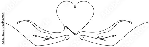 Hands holding heart continuous one line drawing. Charity donation linear concept. Vector isolated on white.