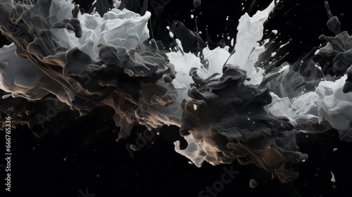 Subtle monochromatic paint splashes on a black background. AI generated