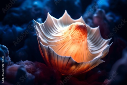 A luminous seashell drifts in the deep ocean, creating a captivating abstract nature background. Generative AI