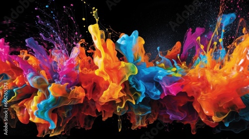 Vibrant and bold paint splashes on a black background. AI generated