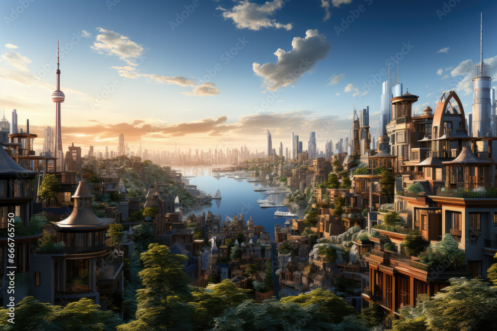 A city skyline with buildings constructed using reclaimed materials, emphasizing sustainable construction. Generative Ai. A city skyline with buildings constructed using reclaimed materials, emphasizing sustainable construction. Generative Ai.