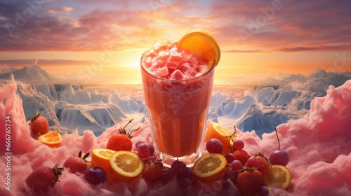  a drink with ice, strawberries, oranges, and lemons. generative ai