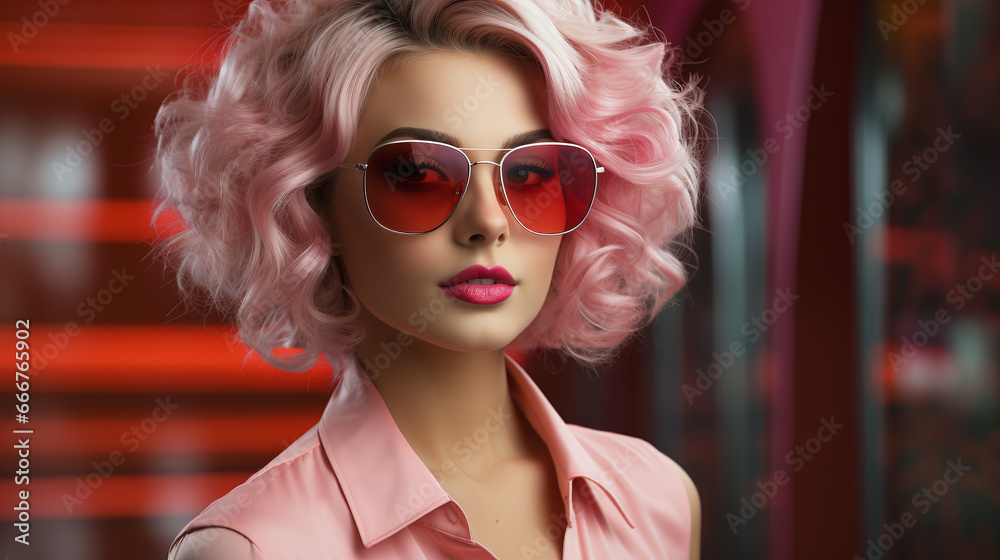 portrait of a woman wearing sun glasses with blond bleached and pink colored hair