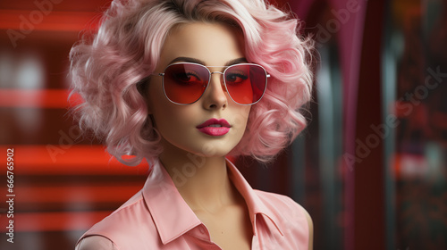 portrait of a woman wearing sun glasses with blond bleached and pink colored hair © bmf-foto.de
