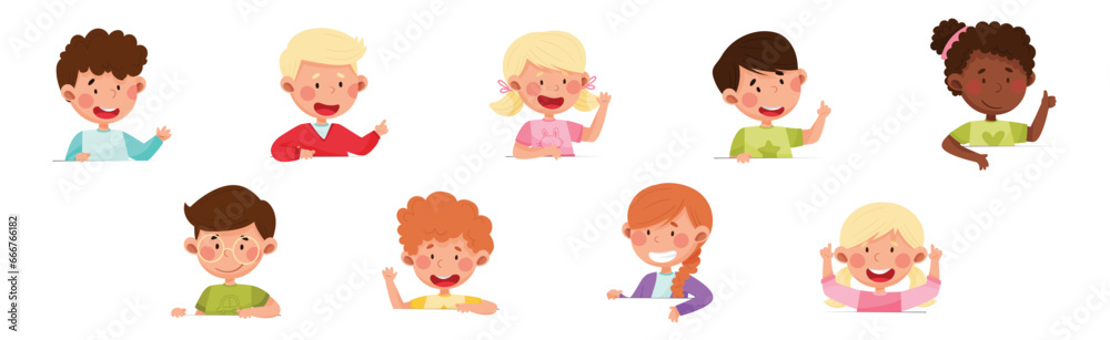 Cute Boy and Girl Characters Talking and Speaking at Table or Desk Vector Illustration Set Cute Boy and Girl Characters Talking and Speaking at Table or Desk Vector Illustration Set