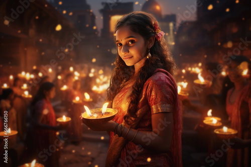 mujer joven vistiendo traje tradicional sosteniendo una vela durante la celebración nocturna del festival diwali en india, con fondo desenfocado de personas con velas