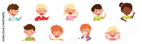 Cute Boy and Girl Characters Talking and Speaking at Table or Desk Vector Illustration Set