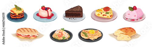 Italian Cuisine Dishes and Food Served on Plate Vector Set