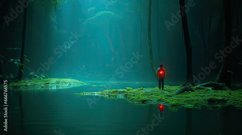  a person standing in the middle of a swampy area. generative ai