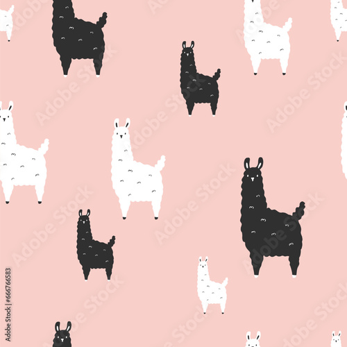 Seamless pattern with hand drawn black and white llamas on pink background