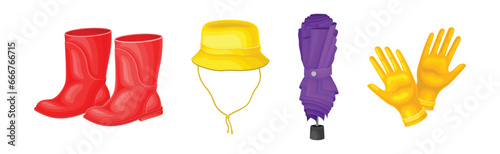 Rain Clothes and Accessories with Glove, Rubber Boot and Umbrella Vector Set