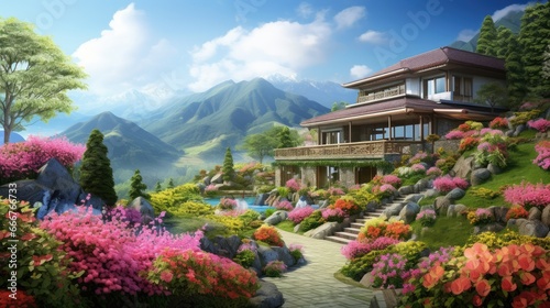  a painting of a house on a hill with flowers and trees. generative ai
