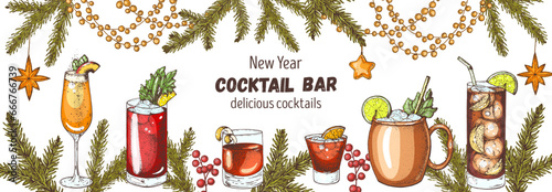 Alcoholic cocktail. Christmas menu. Hand drawn vector illustration. Hand drawn drinks illustration. Cocktails set. Menu design elements.