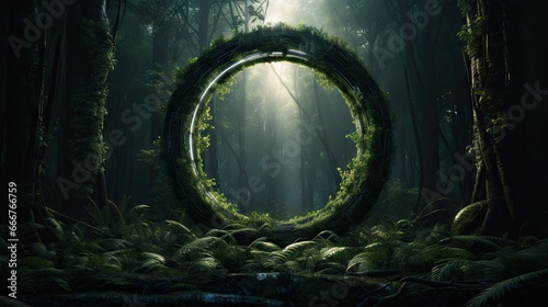  a circle of moss in the middle of a forest filled with trees.  generative ai