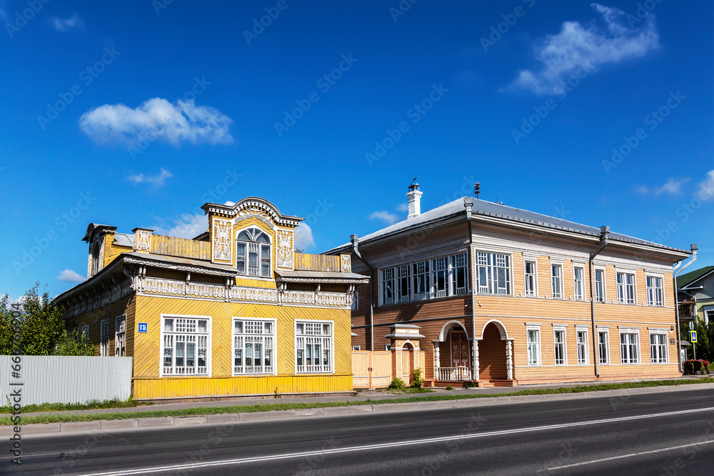 Vologda. View of the houses - monuments of wooden architecture: the house of Uncle Gilyay (Zernov 's house) and the house of Chernoglazov on Chernyshevsky Street. Russia