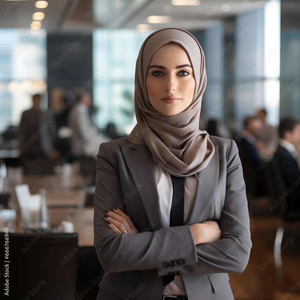 business woman with hijab looking at the camera in a boardroom people in the background business woman with hijab looking at the camera in a boardroom people in the background